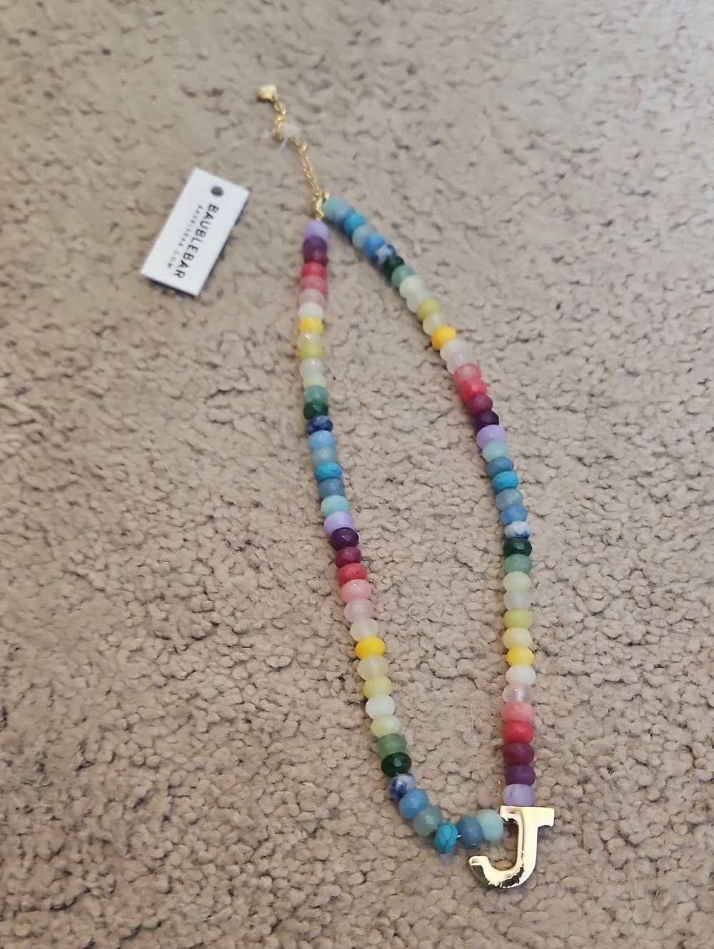 NWT Baublebar Multicolor Beaded Necklace with Gold 'J' Pendant -